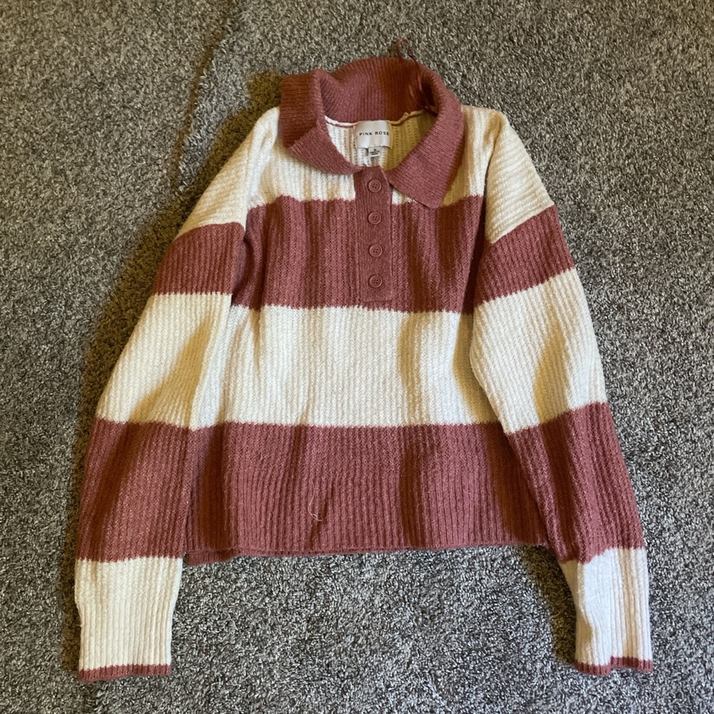 Pink Rose Collard Sweater in Red and Cream Stripes